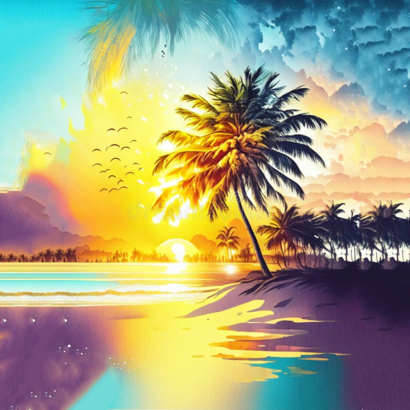 Tropical Beach With Palm Trees And Sunset 3d Rendering Generative Ai Tropical Beach With Palm Trees And Sunset 3d Rendering Generative Ai