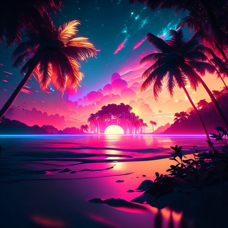Tropical Beach With Palm Trees And Sunset Sky 3d Rendering Ai Tropical Beach With Palm Trees And Sunset Sky 3d Rendering Ai