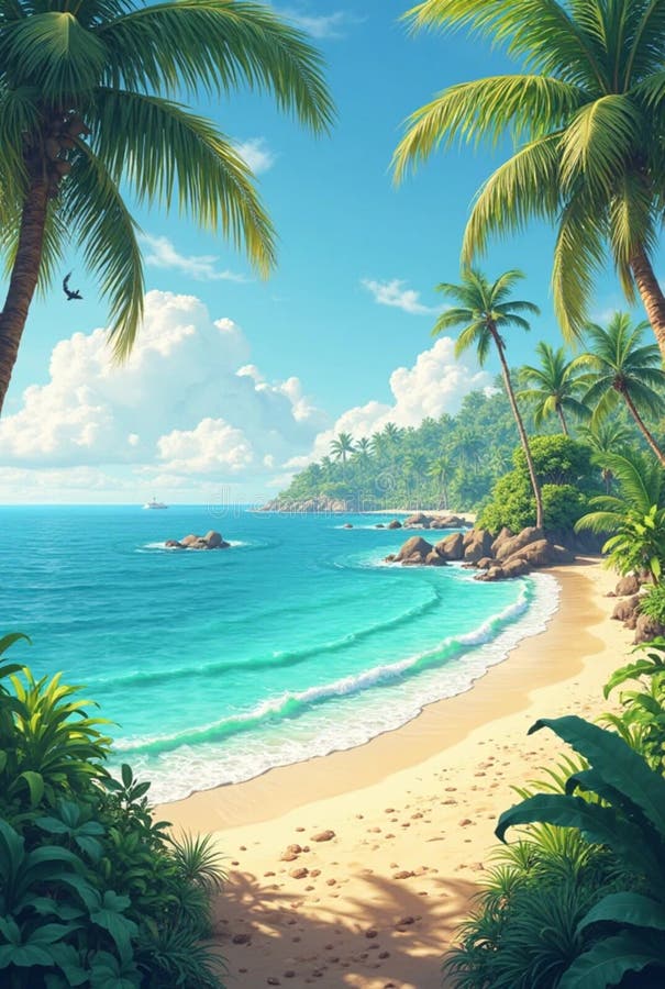 Tropical Beach With Palm Trees and Turquoise Waters Under Blue Skies AI-GENERATED royalty free stock photos