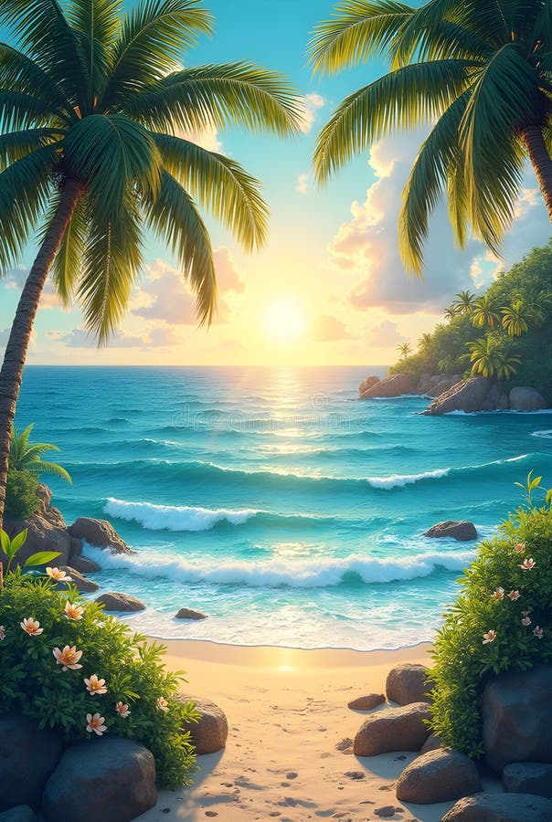 Tropical Beach Paradise with Palm Trees and Dramatic Sunset AI-GENERATED vector illustration