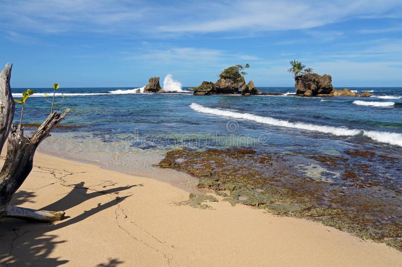 Tropical beach with rocky islets