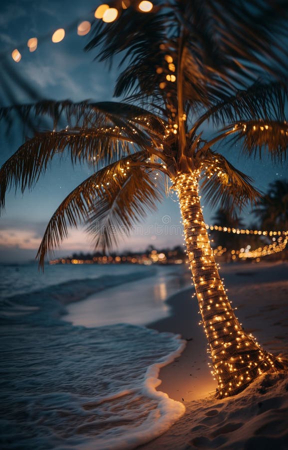 Tropical Beach Scene at Night with Palm Tree Wrapped in Twinkling Lights and Ocean Waves Lapping on Shoreline. Image made using stock photos