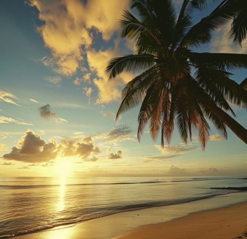 Tropical Beach Scene at Sunset with Palm Tree Tropical Beach Stock ...