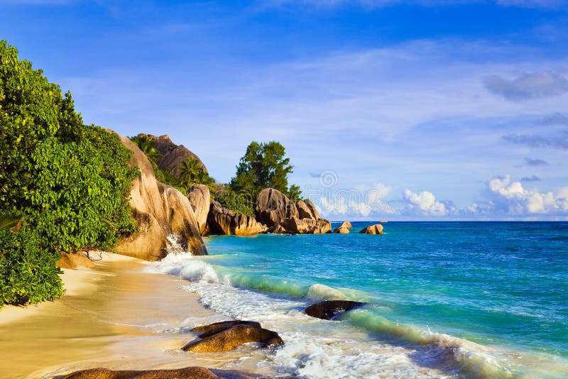 Tropical beach Source D'Argent at island La Digue, Seychelles - vacation background. Seychelles stock images, royalty-free photos and pictures