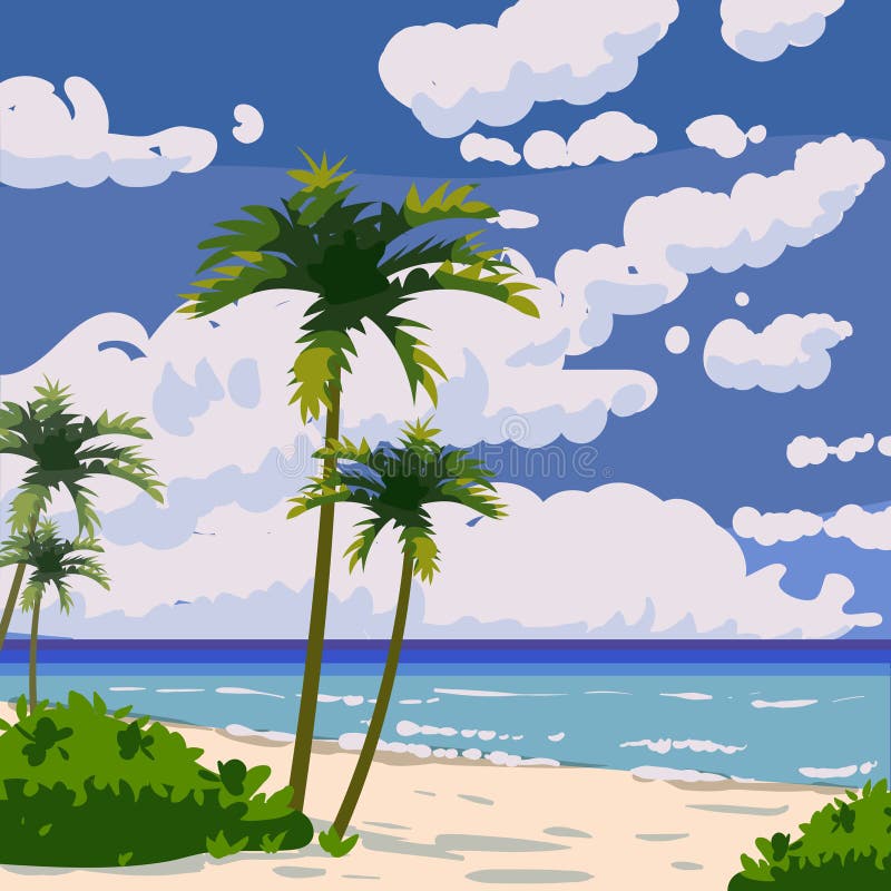 Tropical beach summer resort, seashore sand, palms, waves. Ocean, sea exotical beach landscape, clouds, nature. Vector