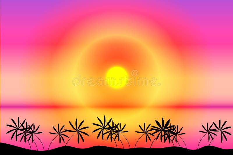 Tropical beach sunset vector illustration