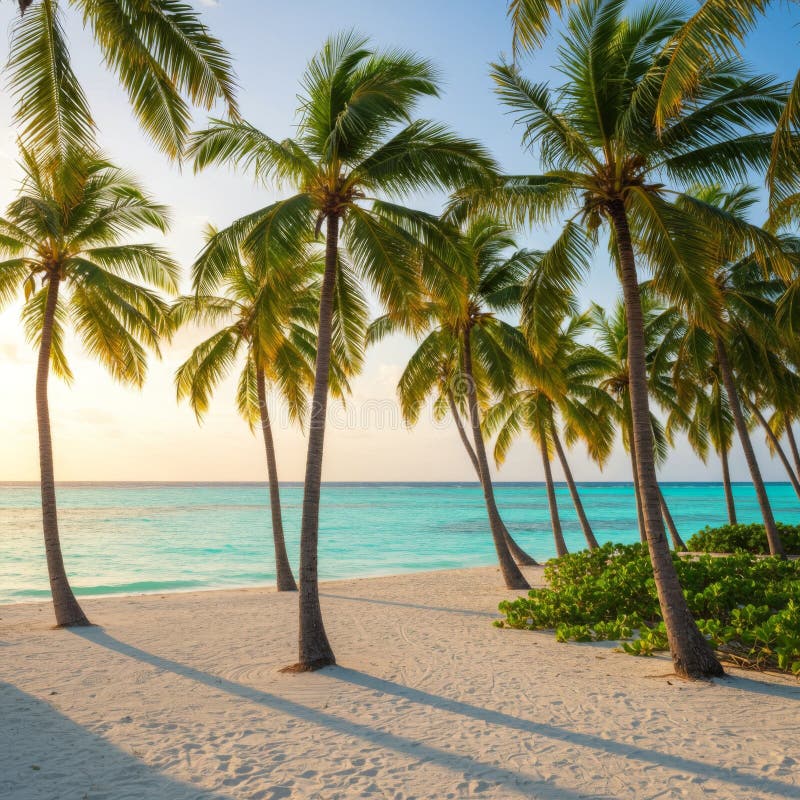 Tropical Beach Sunset with Palm Trees vektor illustrationer