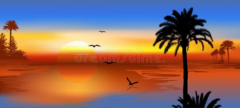 Tropical beach sunset. Paradise Island with flying birds stock illustration