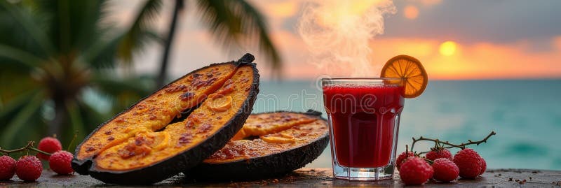 Tropical Beach Sunset with Refreshing Red Drink and Roasted Fruit Stock ...