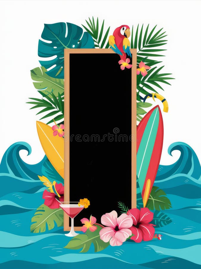 Tropical Beach Surfboard Menu Frame with Parrot, Flowers, and Cocktail royalty free stock photography
