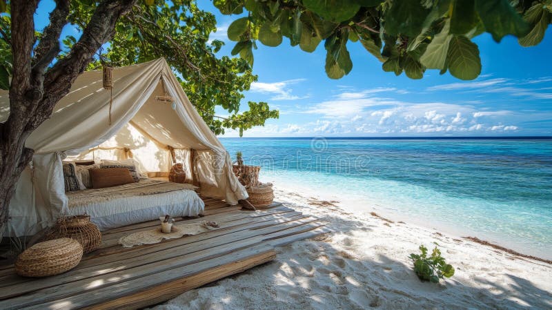 Tropical Beach Tent Ocean View Luxury Vacation vector illustration