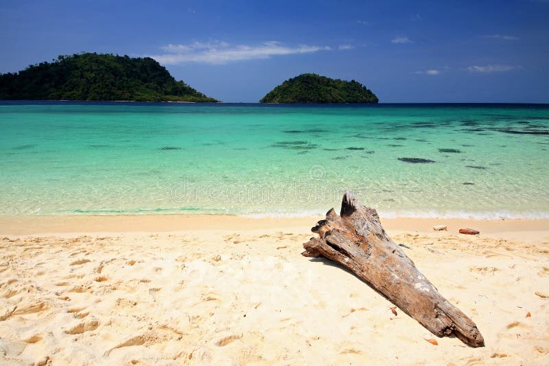 Tropical beach with wooden log and crystal Andaman sea royalty free stock photos