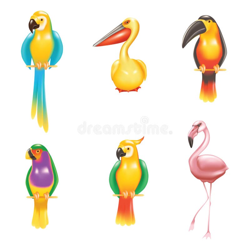 Set of icons with tropical birds. Tropical animal icons illustrations