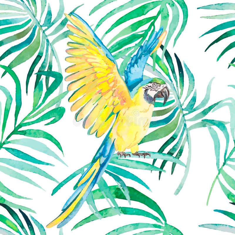 Download Tropical Birds And Plants Seamless Pattern. Watercolor ...