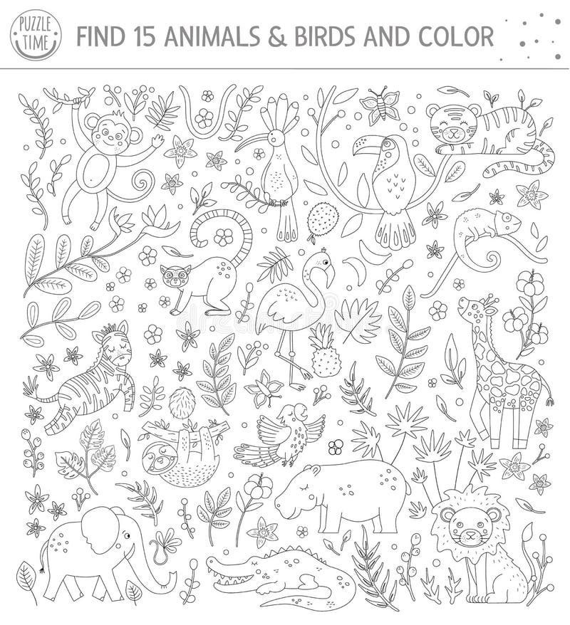 Tropical Black and White Searching Game for Children with Cute Funny  Characters. Find Hidden Animals and Birds in the Jungle and Stock Vector -  Illustration of hidden, kindergarten: 179966890