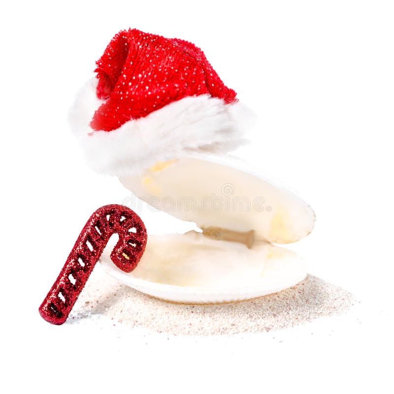 Tropical concept of new year with shell, red Santa Claus hats an stock photography Tropical concept of new year with shell, red Santa Claus hats an stock photography
