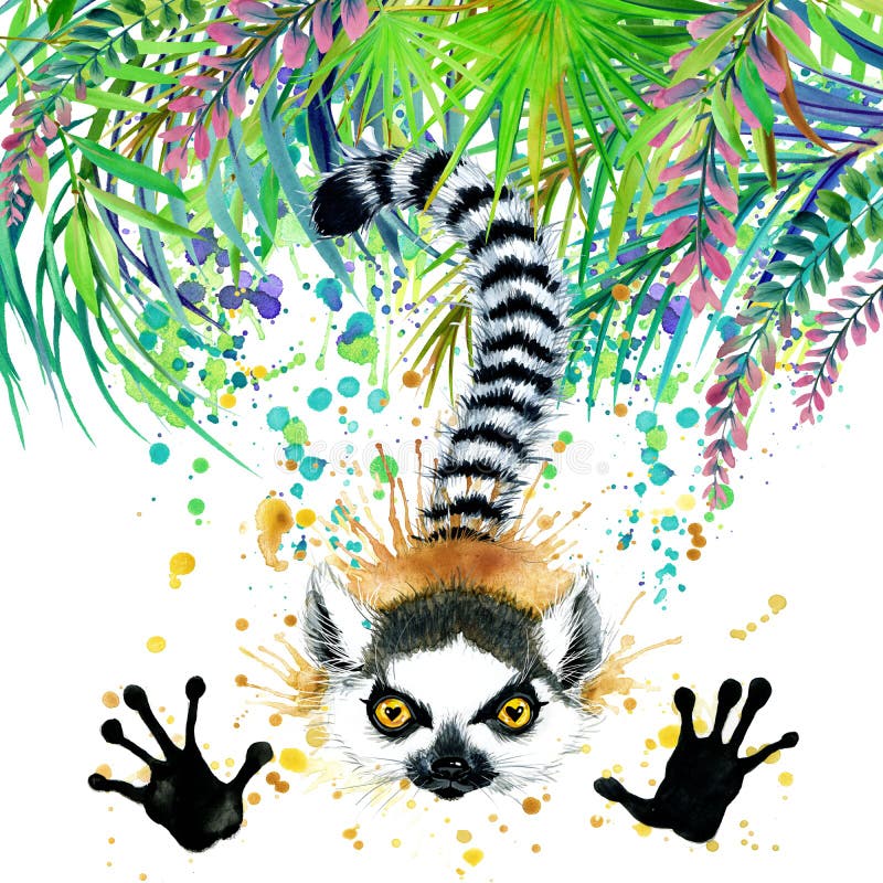 Tropical exotic forest, green leaves, wildlife, lemur, watercolor illustration. watercolor background unusual exotic nature