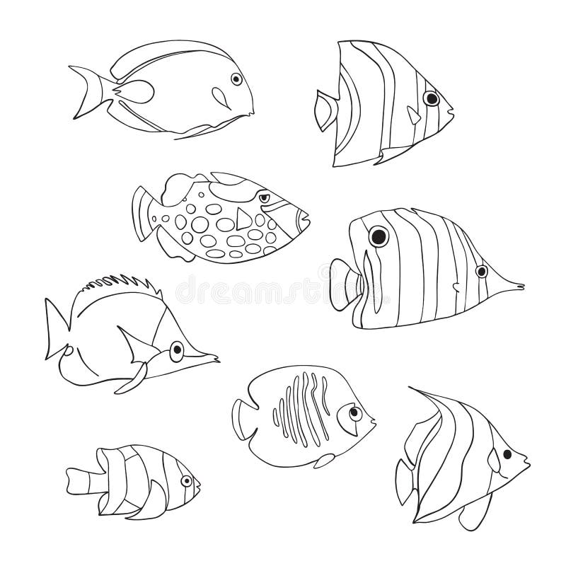 Tropical Fish Icon Set Vector Isolated Characters Butterflyfish Clown Triggerfish Damsel Anemonefish Angelfish Clownfish Stock Vector Illustration Of Anemonefish Fish