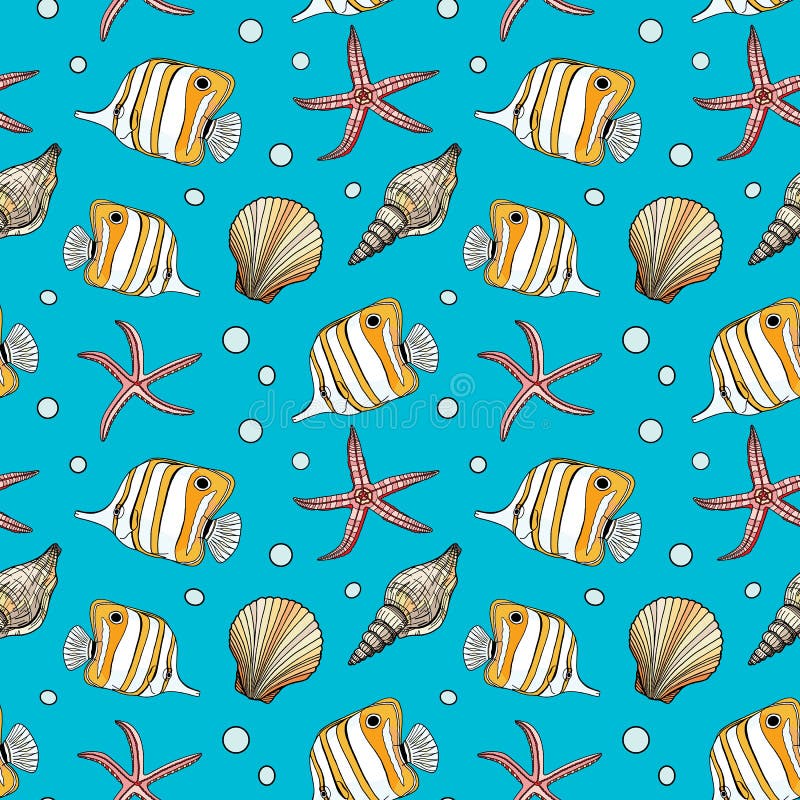 Tropical fish, seashell and starfish vector seamless pattern. Hand drawn underwater illustration. Copperband