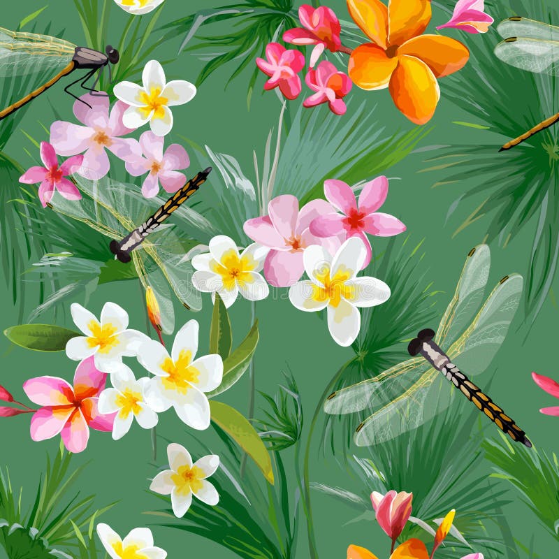 Tropical Floral Seamless Pattern with Dragonflies. Botanical Background with Palm Tree Leaves and Exotic Flowers