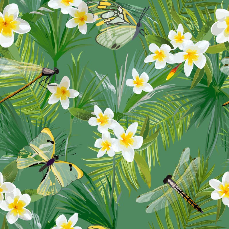 Tropical Floral Seamless Pattern with Dragonflies. Jungle Background with Palm Tree Leaves and Exotic Flowers