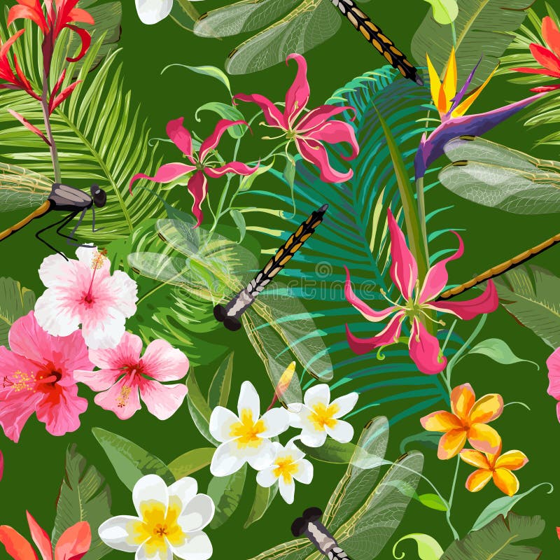 Tropical Floral Seamless Pattern with Dragonflies. Nature Background with Palm Tree Leaves and Exotic Flowers