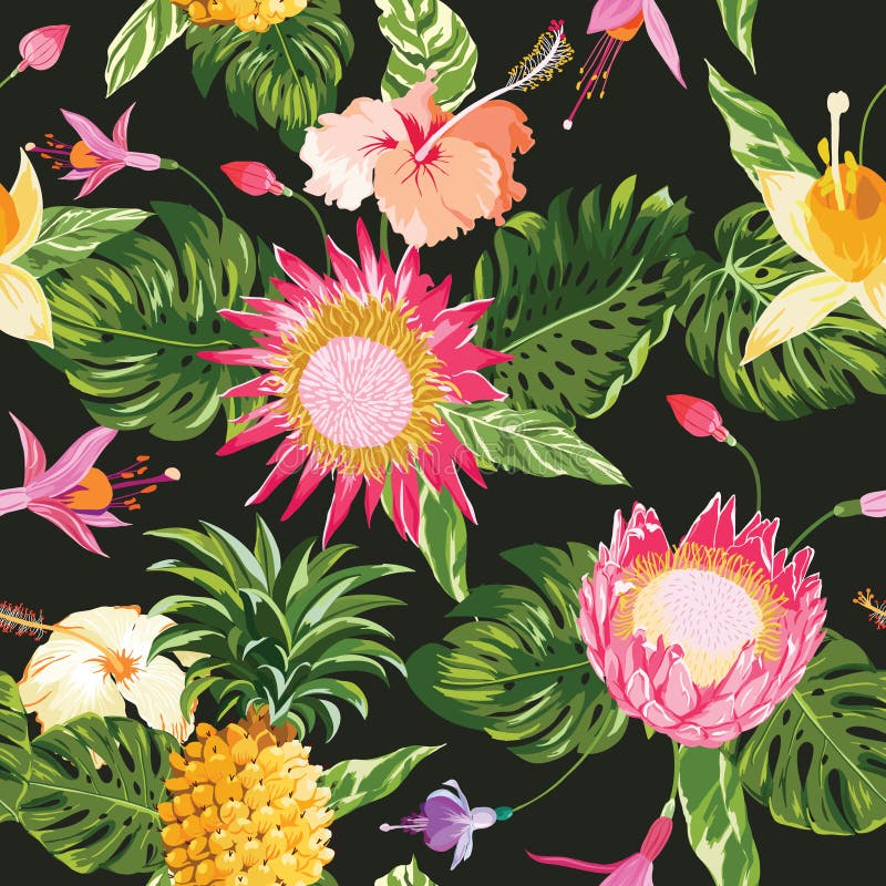 Tropical Flowers and Parrots Seamless Floral Summer Pattern Stock ...