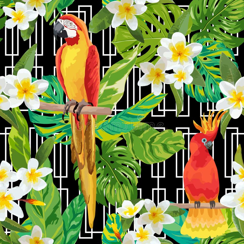 Tropical Flowers and Birds Geometric Background