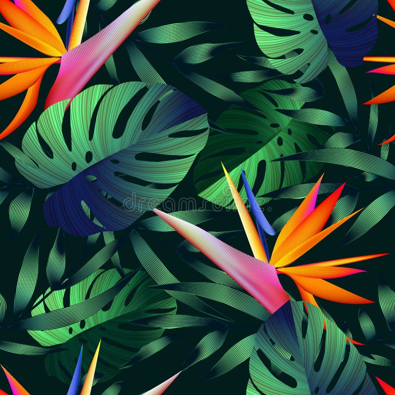 Tropical flowers, jungle leaves, bird of paradise flower. Beautiful seamless floral pattern background, exotic print royalty free illustration Tropical flowers, jungle leaves, bird of paradise flower. Beautiful seamless floral pattern background, exotic print royalty free illustration