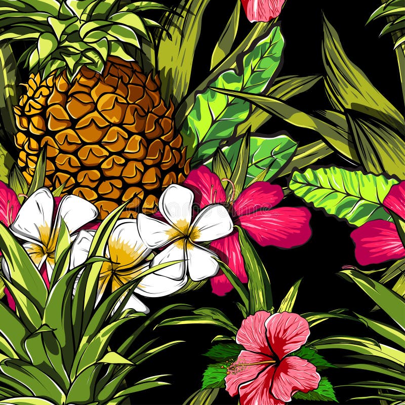 Tropical flowers, jungle leaves, paradise flower. Beautiful seamless vector floral pattern background, exotic print.