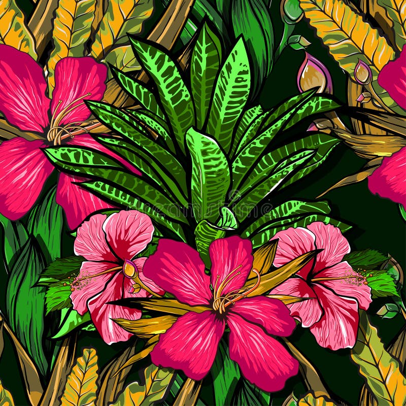 Tropical flowers, jungle leaves, paradise flower. Beautiful seamless vector floral pattern background, exotic print.