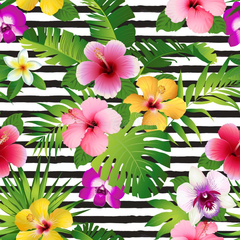Tropical Flowers and Leaves on Striped Background. Seamless. Vector