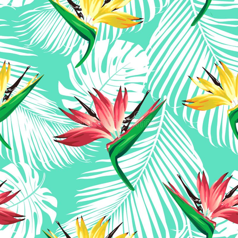 Tropical flowers and palm leaves on background.