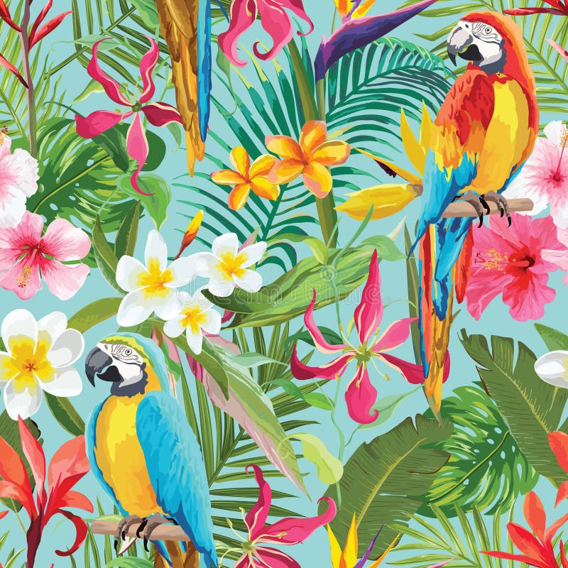 Tropical Flowers and Parrots Seamless Floral Summer Pattern