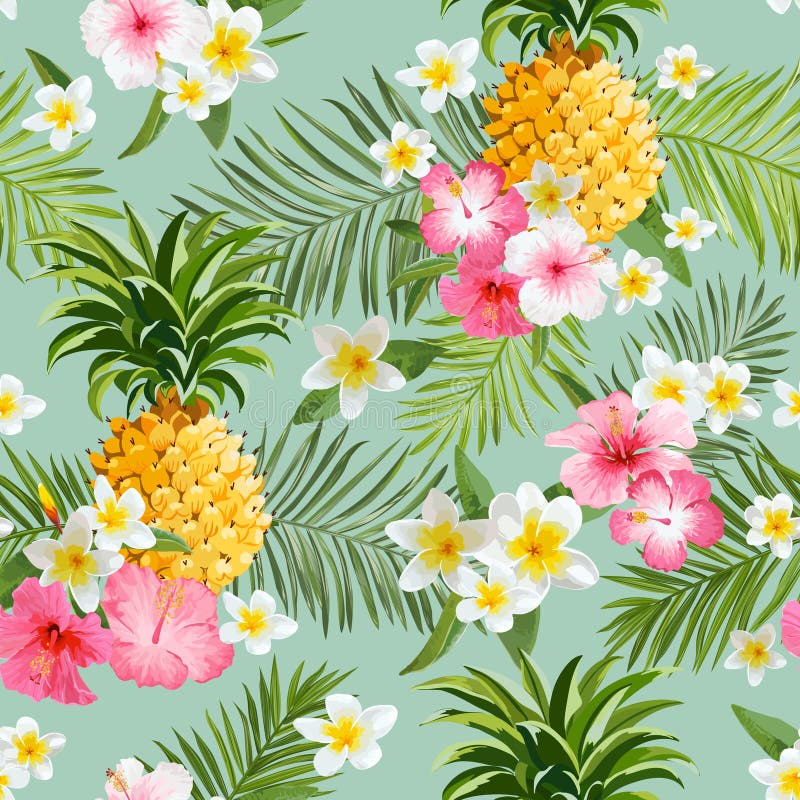 Tropical Flowers and Pineapples Background vector illustration