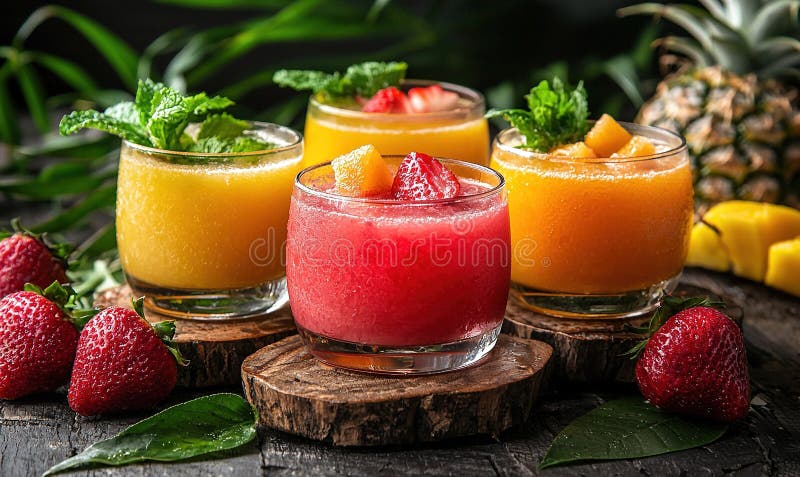 Tropical fruit smoothies with mint on wooden background vector illustration