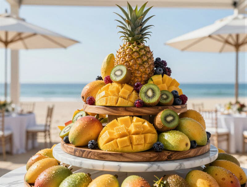 Tropical fruit tower with mango pineapple and kiwi for beach wedding buffet display and summer seaside catering background royalty free stock image