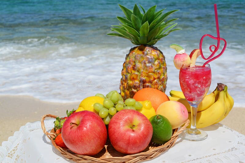 Tropical Fruits and Drink on the Beach Stock Photo Image of breakfast