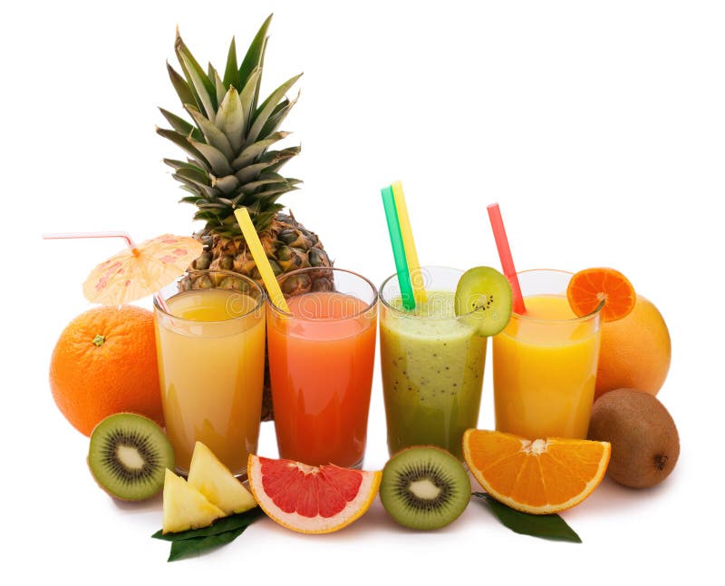 Tropical fruits and juice isolated on white royalty free stock photo