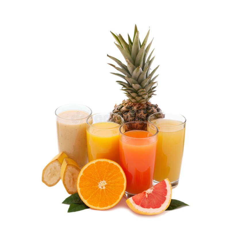 Tropical fruits and juice isolated on white stock photography