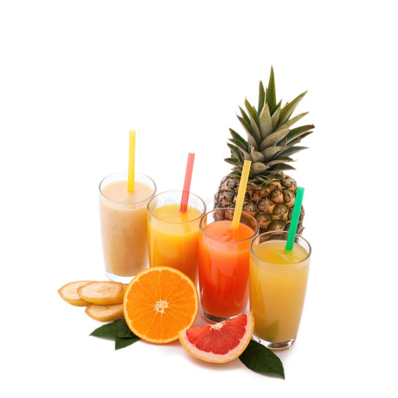 Tropical fruits and juice isolated on white royalty free stock image