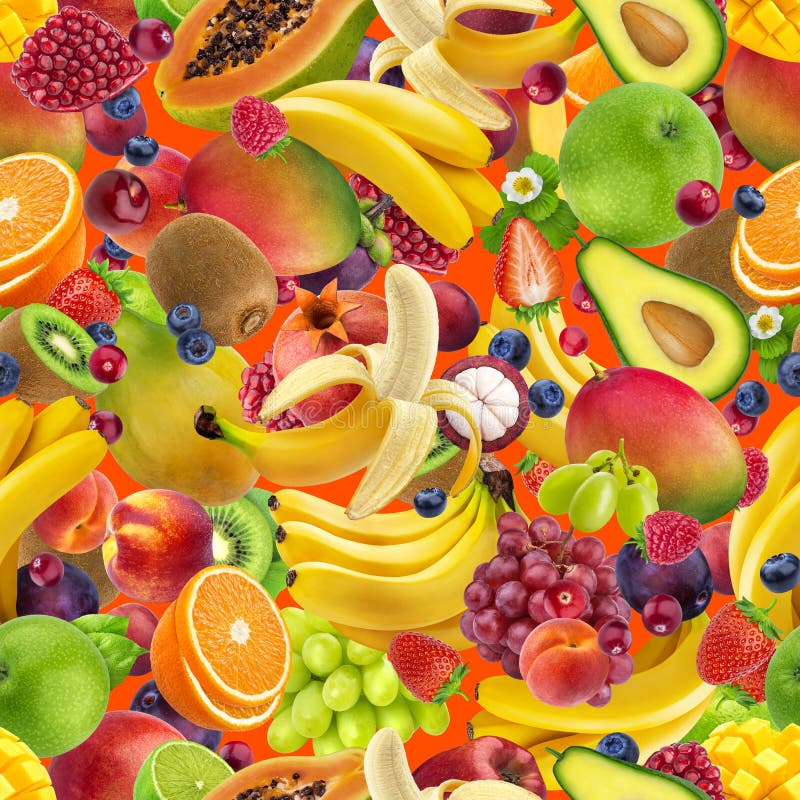 Tropical Fruits Seamless Pattern, Falling Exotic Fruits Isolated on