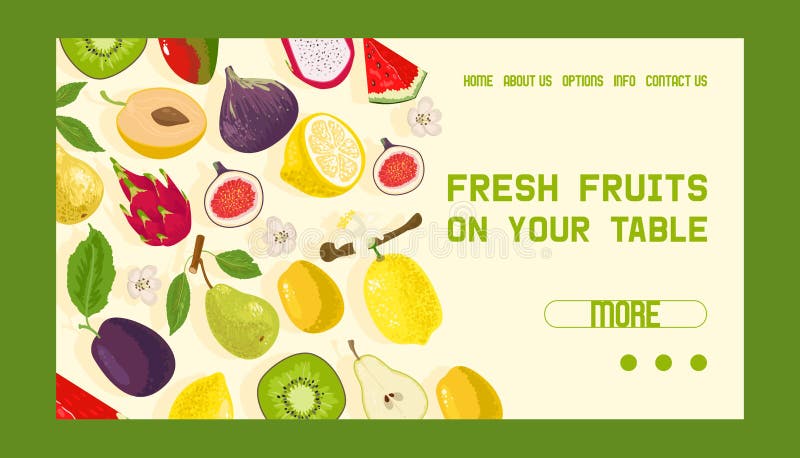 Tropical fruits shop banner web design vector illustration. Exotic summer products such as mangosteen, kiwi, dragonfruit.