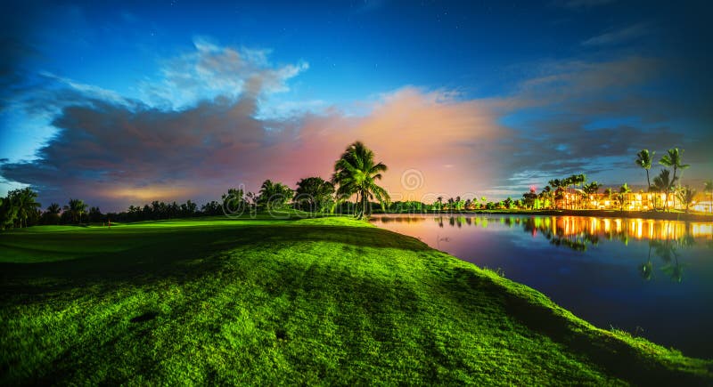 Tropical golf course at sunset in Dominican Republic, Punta Cana