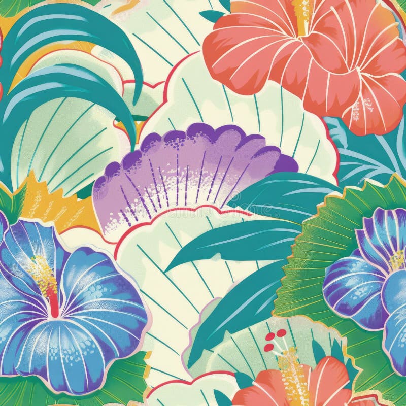 Tropical Hibiscus and Palm Leaves Pattern - Vibrant Floral Background stock photo