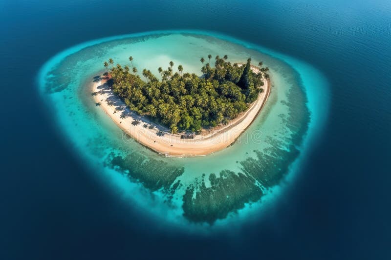 Tropical island with beach and palms surrounded sea blue water, aerial view, generative AI