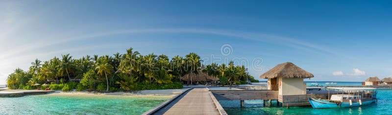 Tropical island harbor panorama view with palm trees at Maldives