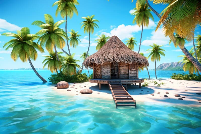 Tropical island with hut and palms surrounded sea blue water, generative AI