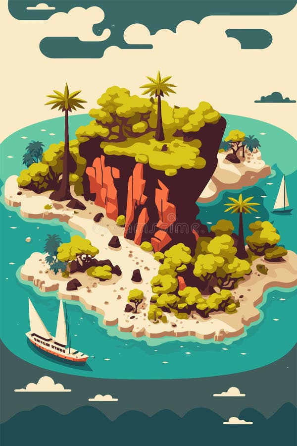 Illustration of Tropical island in ocean with mountain and palm trees isolated background in vector flat color style