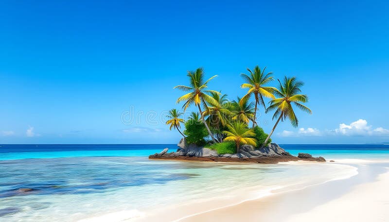 Tropical island palm trees ocean, paradise beach, exotic destination, island vacation, Stock Photo, Generative AI stock illustration